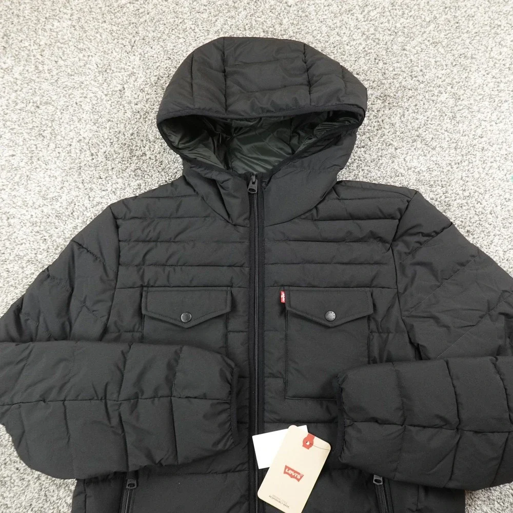 NEW Levis Jacket Mens M Black Insulated Hooded Full Zip Puffer Coat Quilted Work